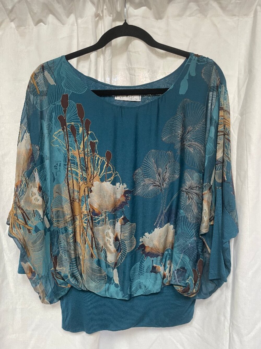 Gigi Moda Teal Blue Floral Batwing Dolman Blouse Made in Italy One Size